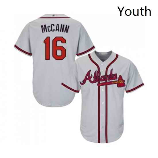 Youth Atlanta Braves 16 Brian McCann Replica Grey Road Cool Base Baseball Jersey